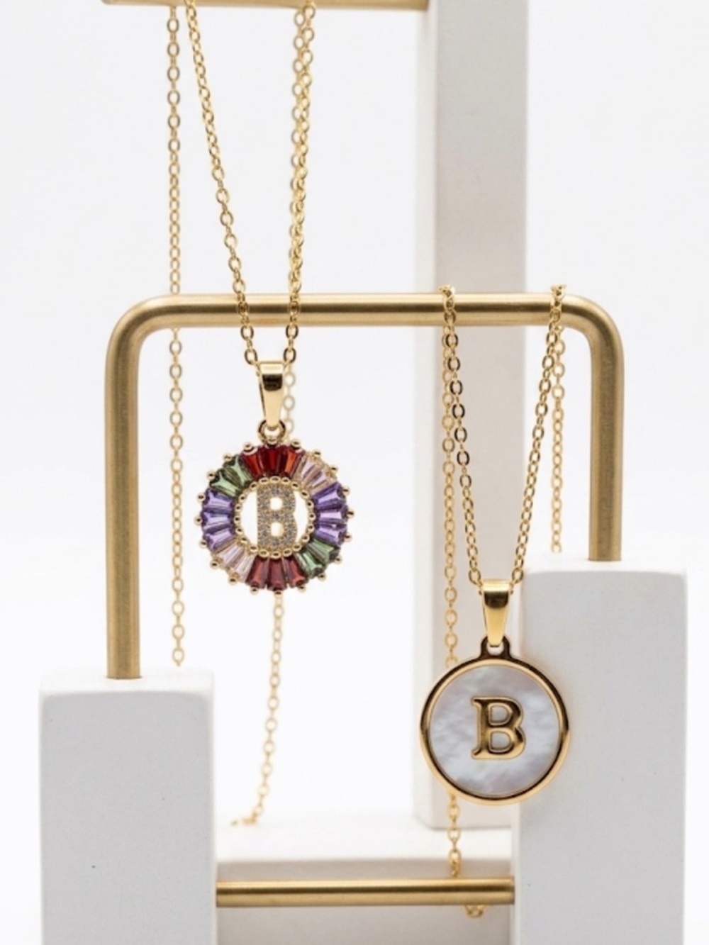2 Gold Initial 'B' Pendant Necklace with Multicolor Crystal Accent